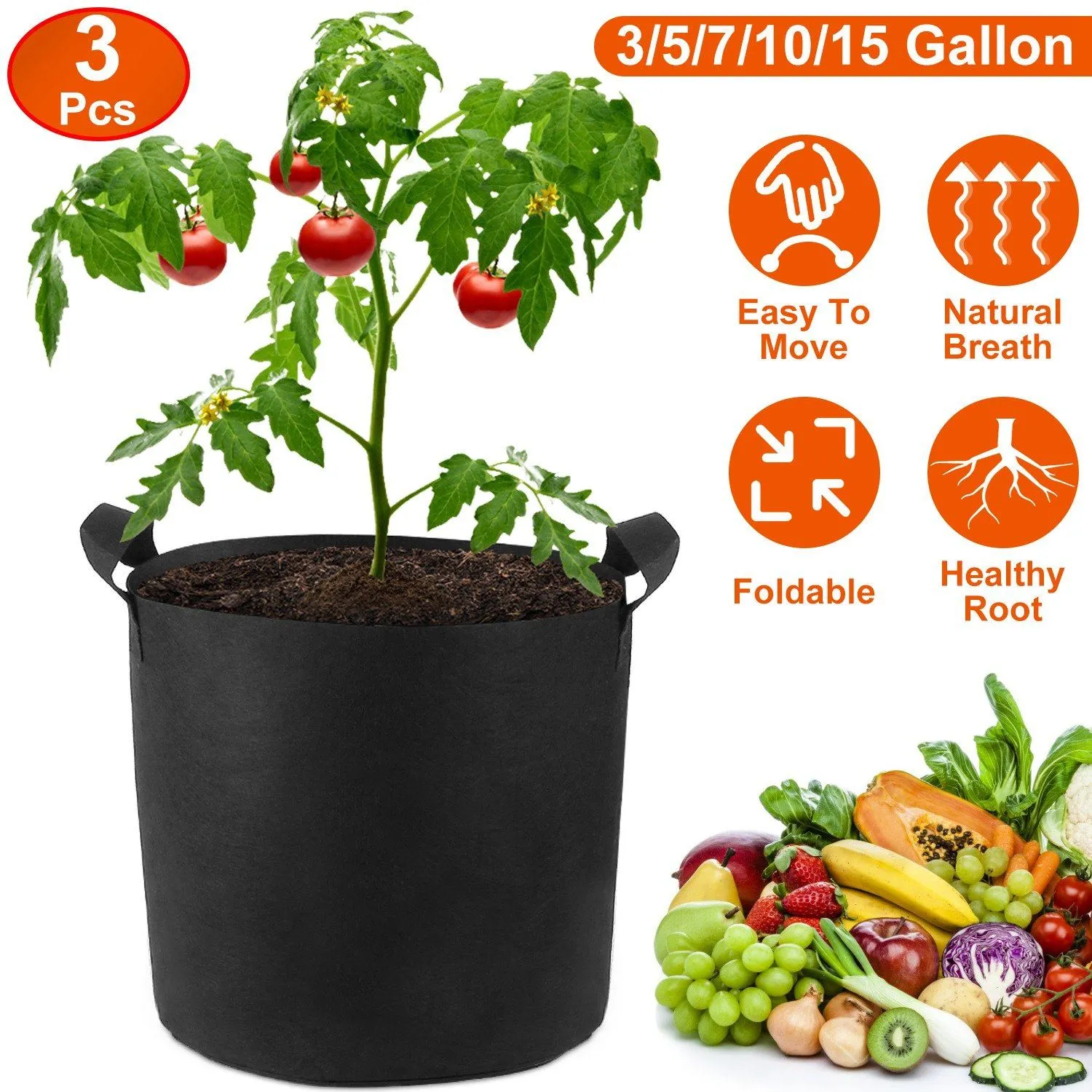 3-Pack: Planter Bags Breathable Planting Fabric Pots with Harvest Window