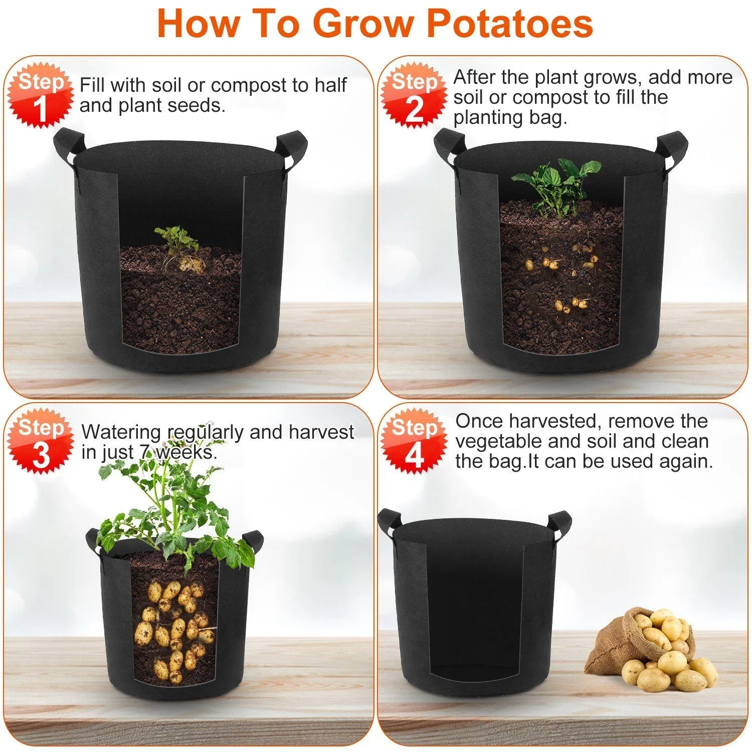 3-Pack: Planter Bags Breathable Planting Fabric Pots with Harvest Window