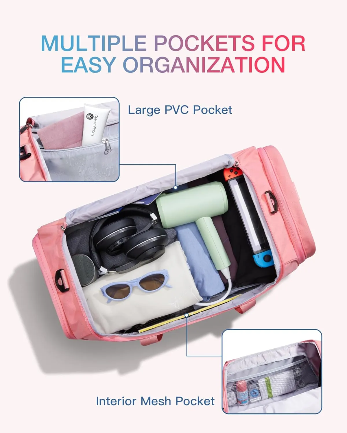 Epicloom Gym Bag for Women, Travel duffle Bag, Carry on Weekender Overnight Bag with Wet Pocket and Shoes Compartment for Women, Travel, Gym, Yoga, Pink, Medium(27L), Dry Wet Separated Gym Bag