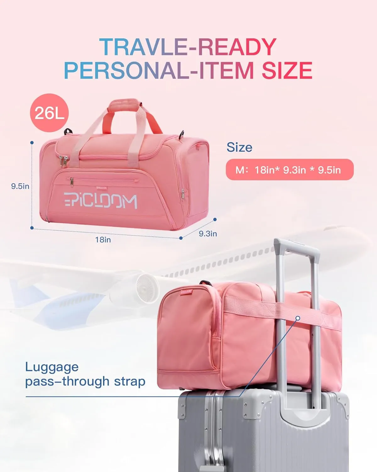 Epicloom Gym Bag for Women, Travel duffle Bag, Carry on Weekender Overnight Bag with Wet Pocket and Shoes Compartment for Women, Travel, Gym, Yoga, Pink, Medium(27L), Dry Wet Separated Gym Bag