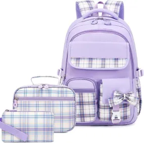 GeeWin School Backpack for Girls, Bookbags Back Pack School Bag for Teen Girl Elementary Middle School Student, Cute Stylish Plaid Girls Backpack with Matching Insulated Lunch Bag & Pencil Bag(Purple)