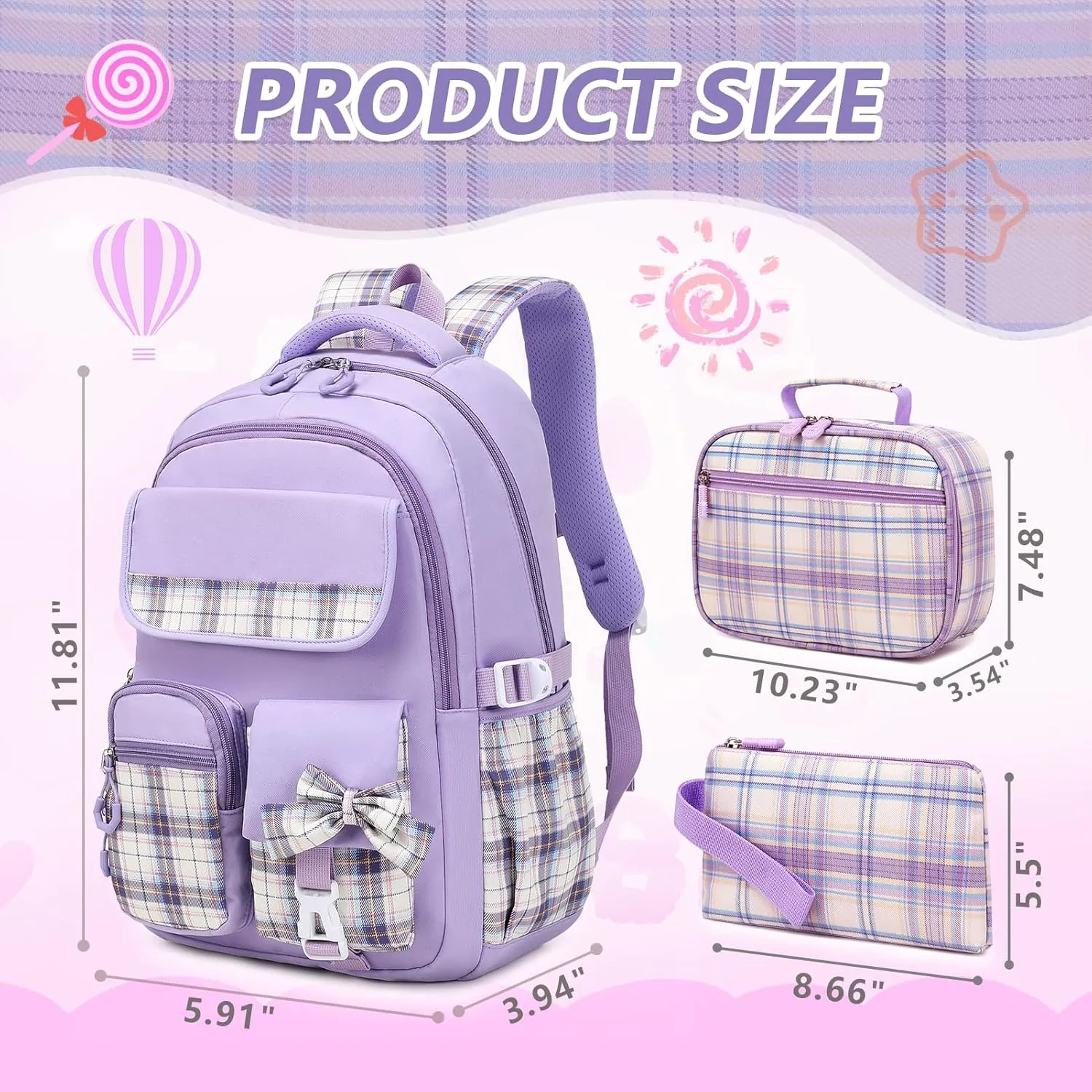 GeeWin School Backpack for Girls, Bookbags Back Pack School Bag for Teen Girl Elementary Middle School Student, Cute Stylish Plaid Girls Backpack with Matching Insulated Lunch Bag & Pencil Bag(Purple)