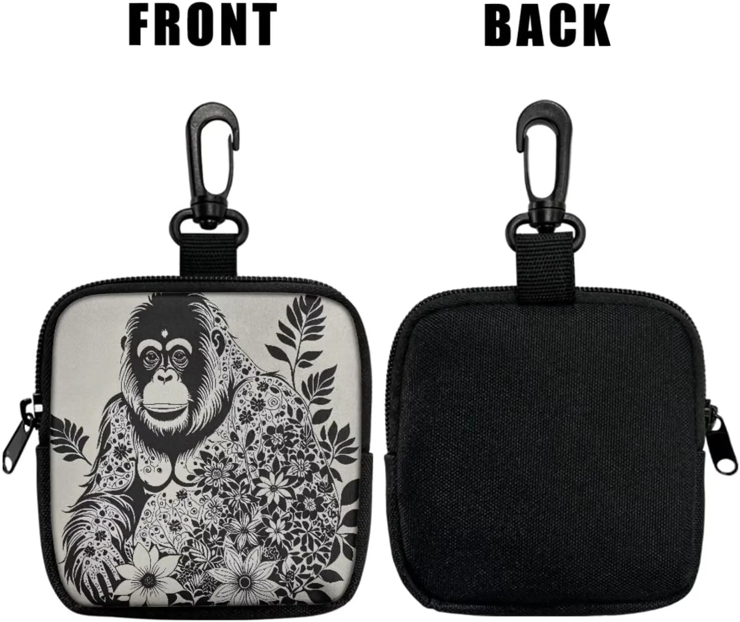 Hand Drawn Gorilla Print Small Coin Purse Zip Around Card Holder, Animal Flowers Painting Portable Zip Around Keychain Wallet Mini Tactical Coin Case