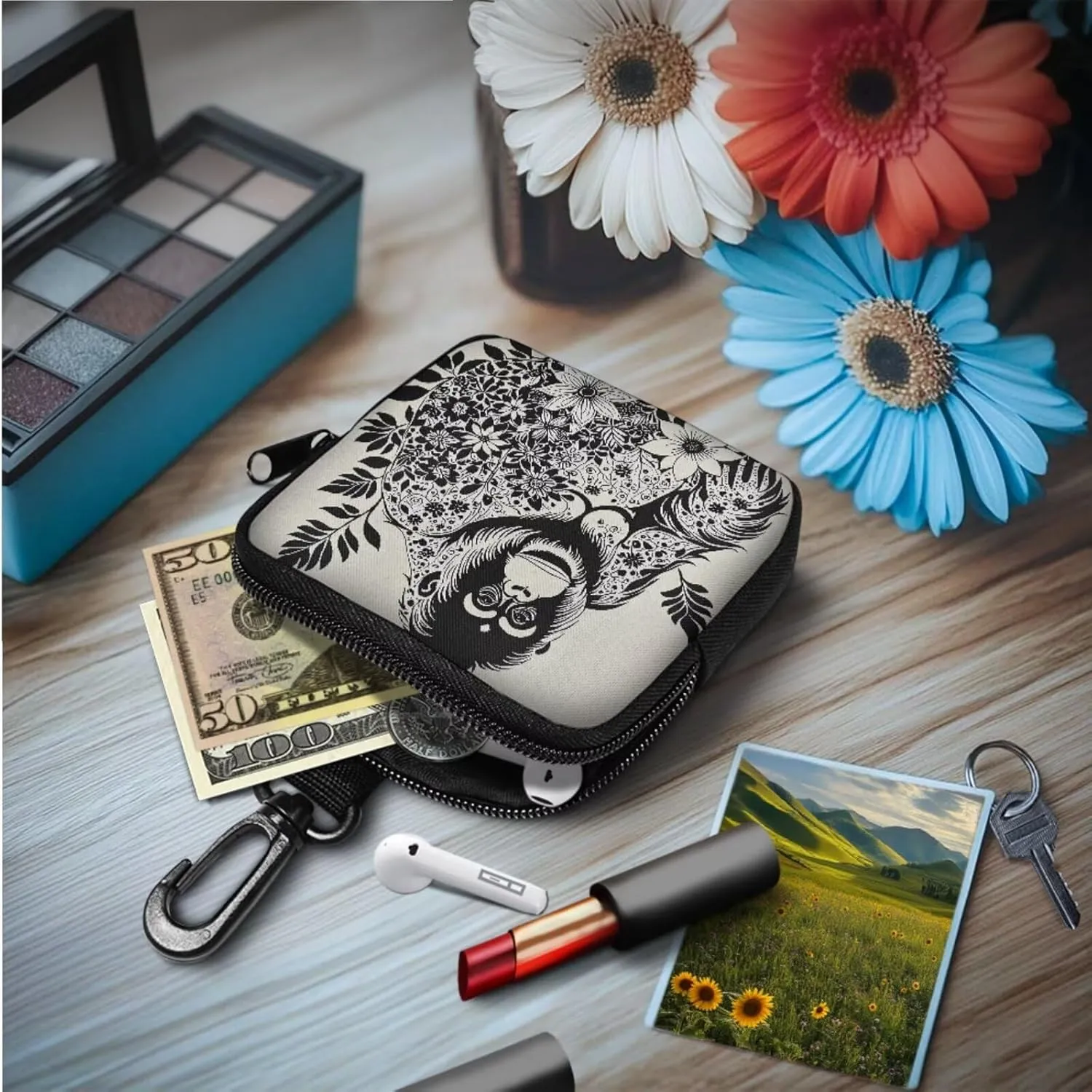 Hand Drawn Gorilla Print Small Coin Purse Zip Around Card Holder, Animal Flowers Painting Portable Zip Around Keychain Wallet Mini Tactical Coin Case