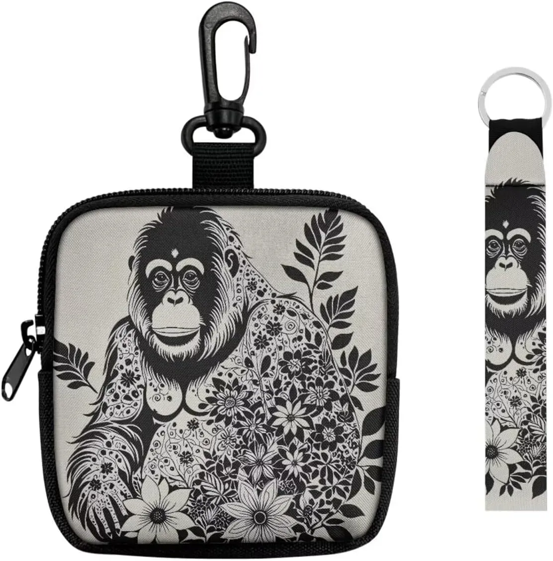 Hand Drawn Gorilla Print Small Coin Purse Zip Around Card Holder, Animal Flowers Painting Portable Zip Around Keychain Wallet Mini Tactical Coin Case
