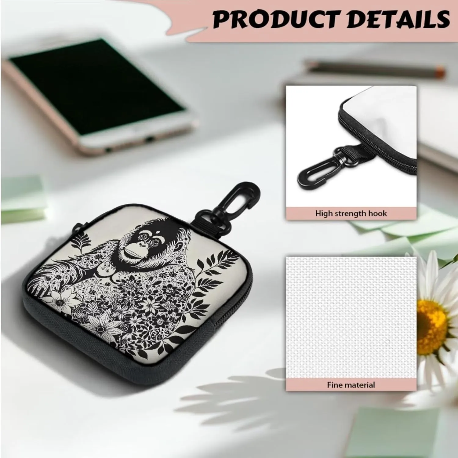 Hand Drawn Gorilla Print Small Coin Purse Zip Around Card Holder, Animal Flowers Painting Portable Zip Around Keychain Wallet Mini Tactical Coin Case