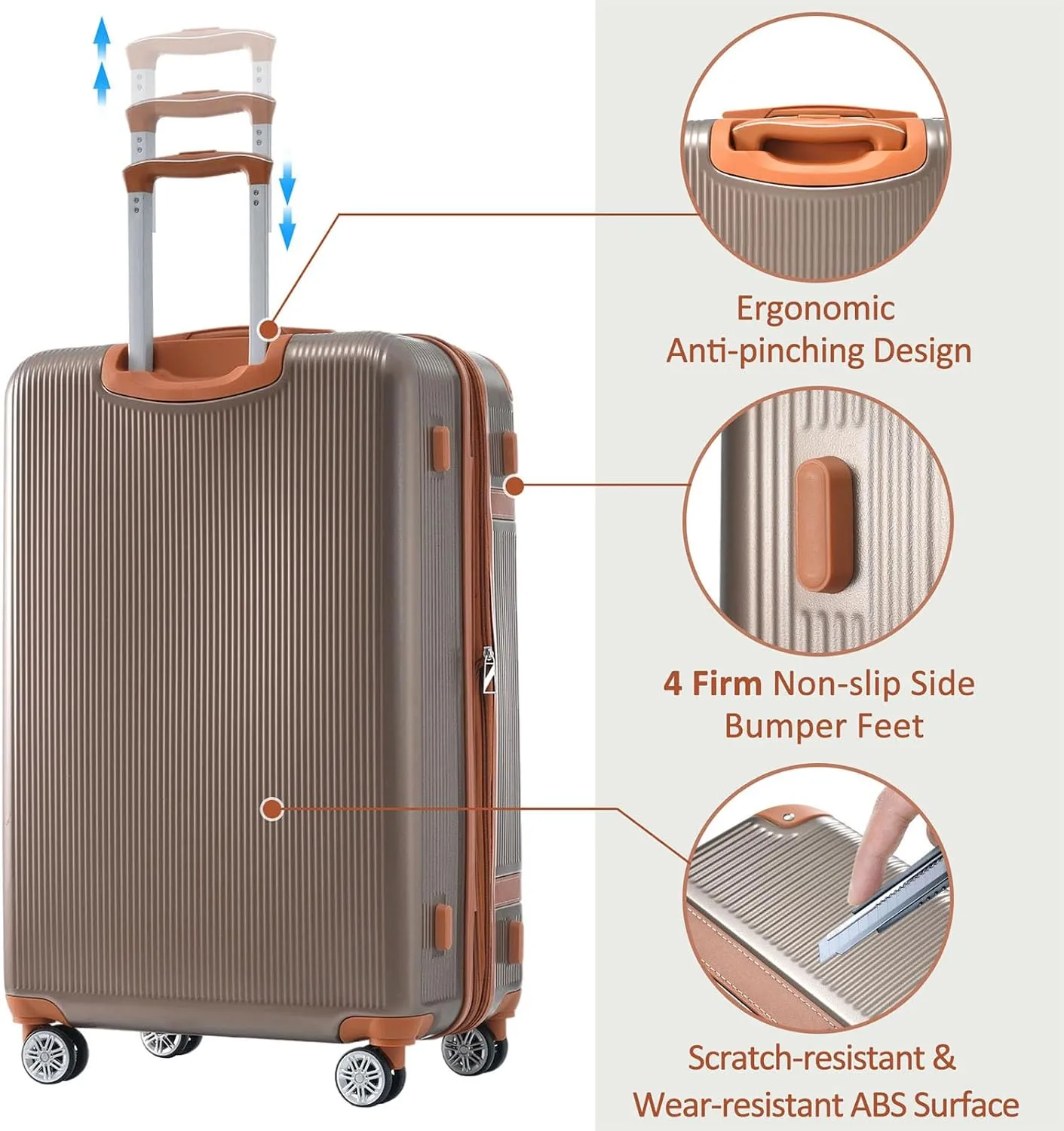 Merax Hardshell Luggage Sets 3 Piece Set 20" Carry-on ABS Suitcase Double Spinner Wheels with TSA Lock Suitcase set Expandable travel bag for Men and Women (3, Coppery, 20" 24" 28" suitcase)