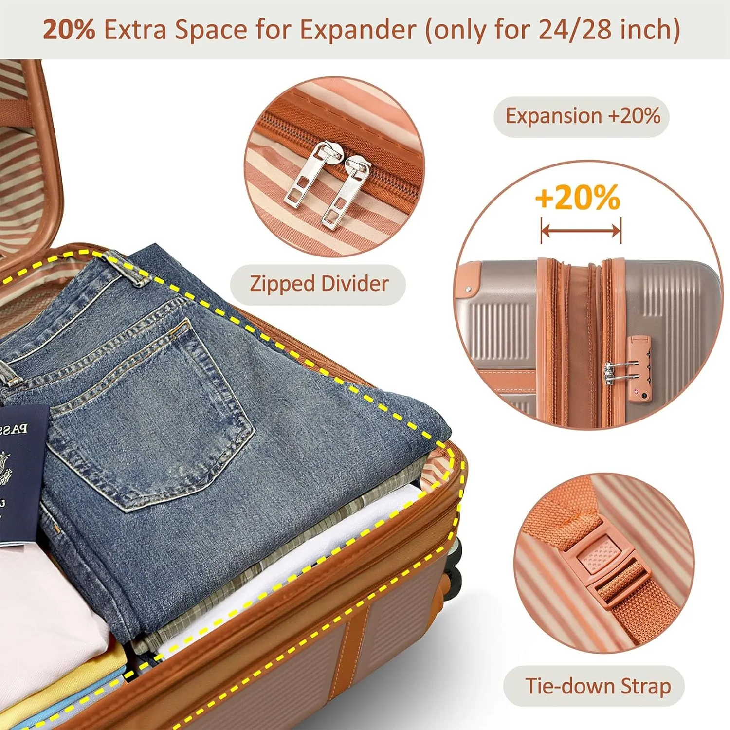 Merax Hardshell Luggage Sets 3 Piece Set 20" Carry-on ABS Suitcase Double Spinner Wheels with TSA Lock Suitcase set Expandable travel bag for Men and Women (3, Coppery, 20" 24" 28" suitcase)