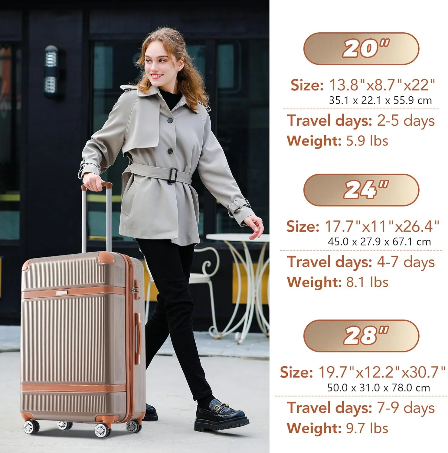 Merax Hardshell Luggage Sets 3 Piece Set 20" Carry-on ABS Suitcase Double Spinner Wheels with TSA Lock Suitcase set Expandable travel bag for Men and Women (3, Coppery, 20" 24" 28" suitcase)