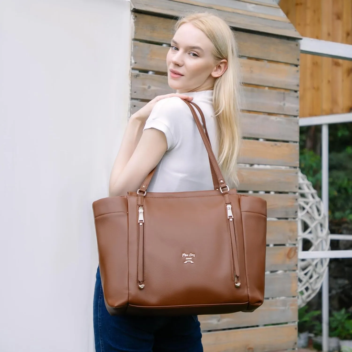 miss fong Diaper Bag Tote Leather Diaper Bag Backpack, Large Capacity Mommy Bag Hospital Bag, 12 Pockets Travel Diaper Tote with Changing Pad，Stroller Straps & Insulated Pockets for Mom & Dad-Brown