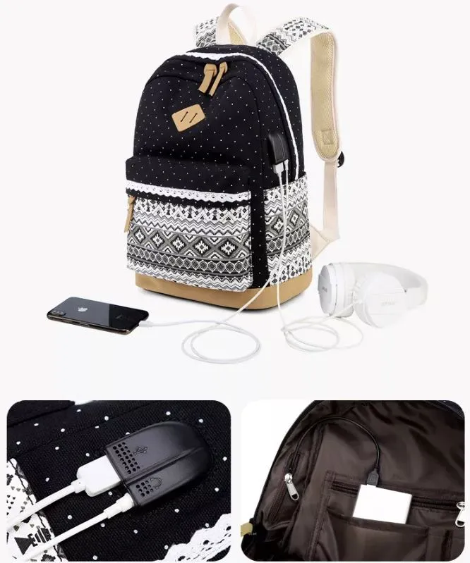 Polka Dot Aztec Canvas Backpack Set