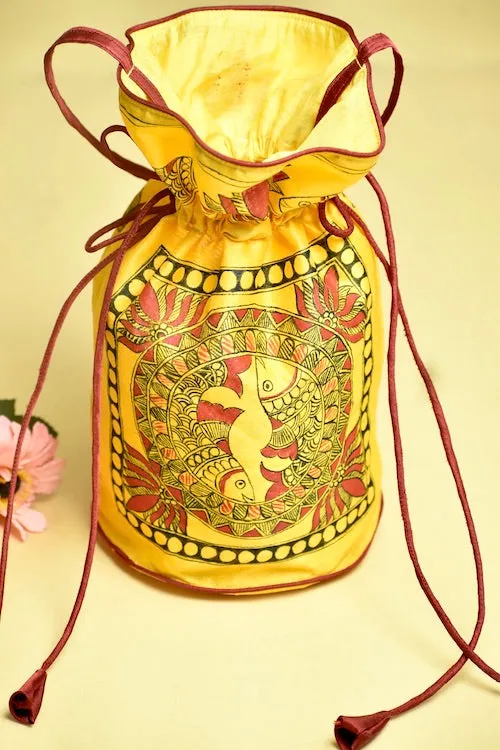"Kamal Sarita" Silk Handpainted Madhubani Potli
