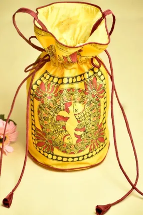 "Kamal Sarita" Silk Handpainted Madhubani Potli