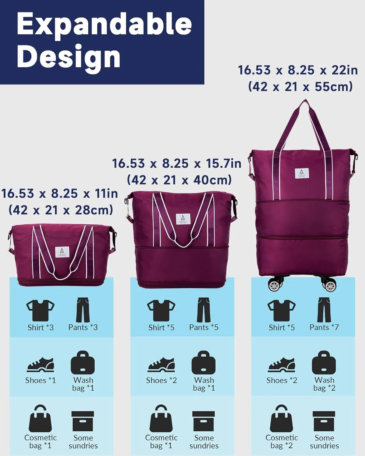 Rolling Duffle Bag with Detachable Wheels and Adjustable Shoulder Strap, Large Expandable Foldable Carry On Luggage Bag with Handle and Suitcase Sleeve, Weekender Bag for Travel Airplane 25L-55L