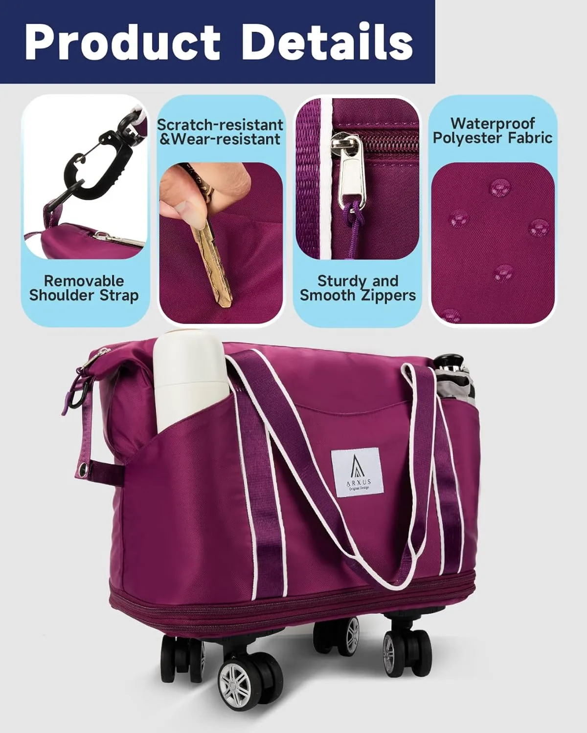 Rolling Duffle Bag with Detachable Wheels and Adjustable Shoulder Strap, Large Expandable Foldable Carry On Luggage Bag with Handle and Suitcase Sleeve, Weekender Bag for Travel Airplane 25L-55L