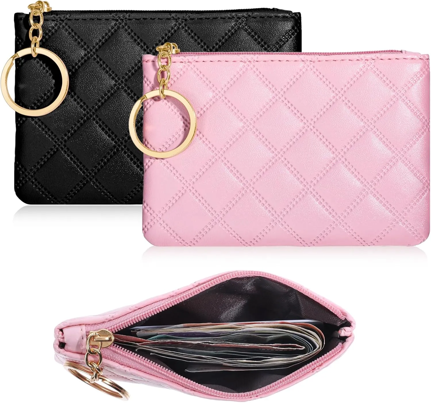 Small Coin Purse, 2Pcs Rhombus PU Zipper Coin Purse Portable Wallet Short Ladies Coin Purse Zippered Keychain Mini Coin Bag for Women & Men Coin Wallet (Pink, Black)
