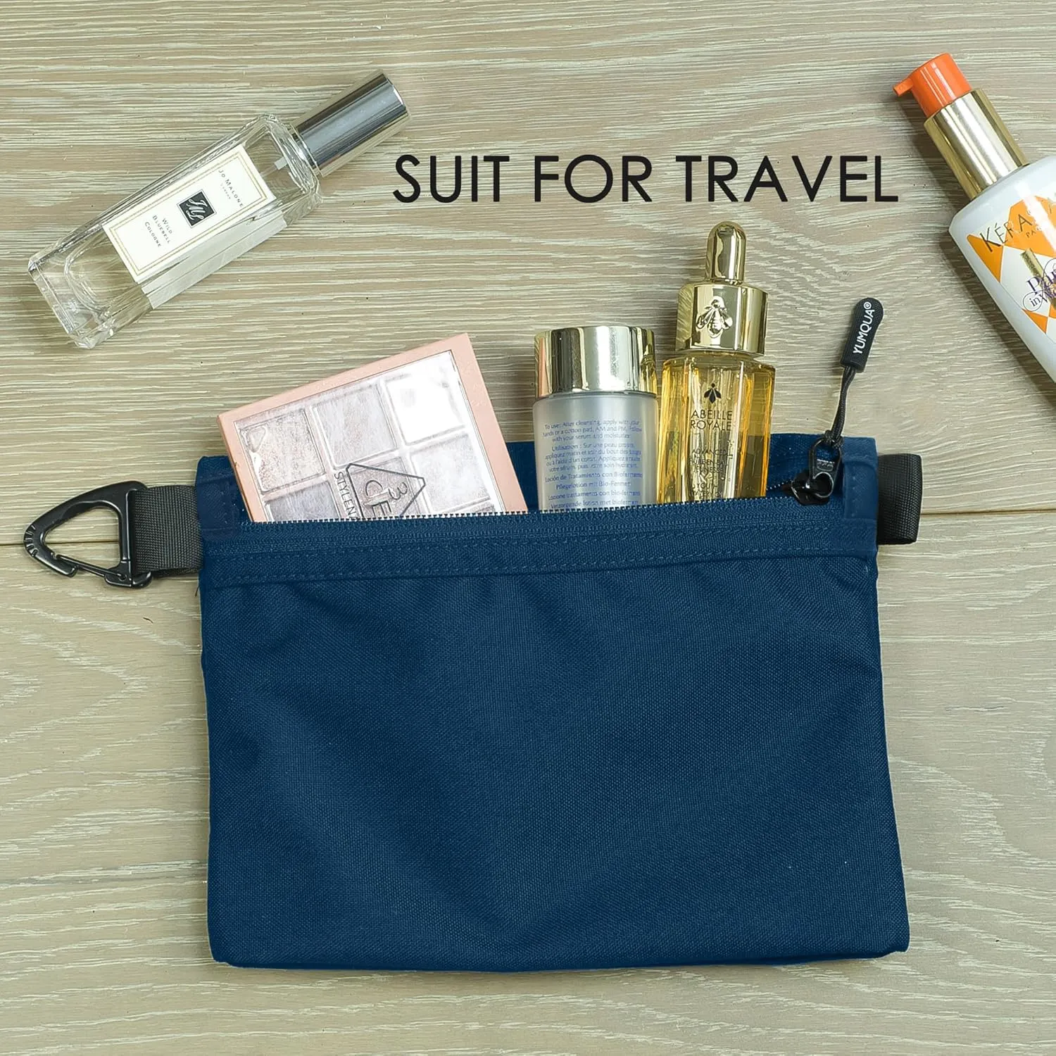 Small Zipper Pouch with Carabiner Clip, Small Nylon Pouch Water-Resistant Travel Bag with Zipper Multipurpose Digital Cosmetics Toiletry Bag Tools Storage, Dark Blue