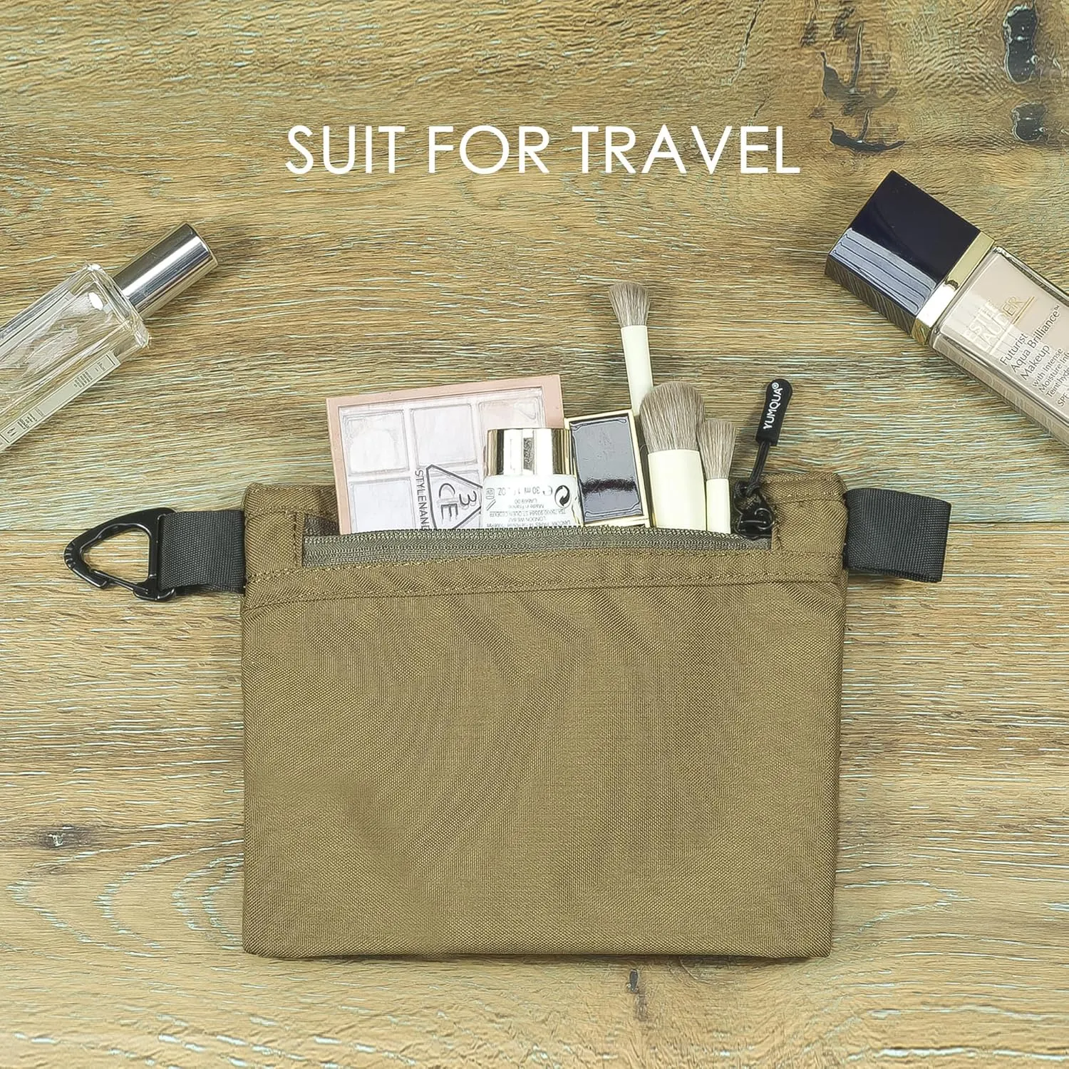 Water-Resistant Zipper Pouch with Carabiner Clip, Small Nylon Multipurpose Travel Digital Cosmetics Toiletry Bag Tool Storage Pouch, Khaki
