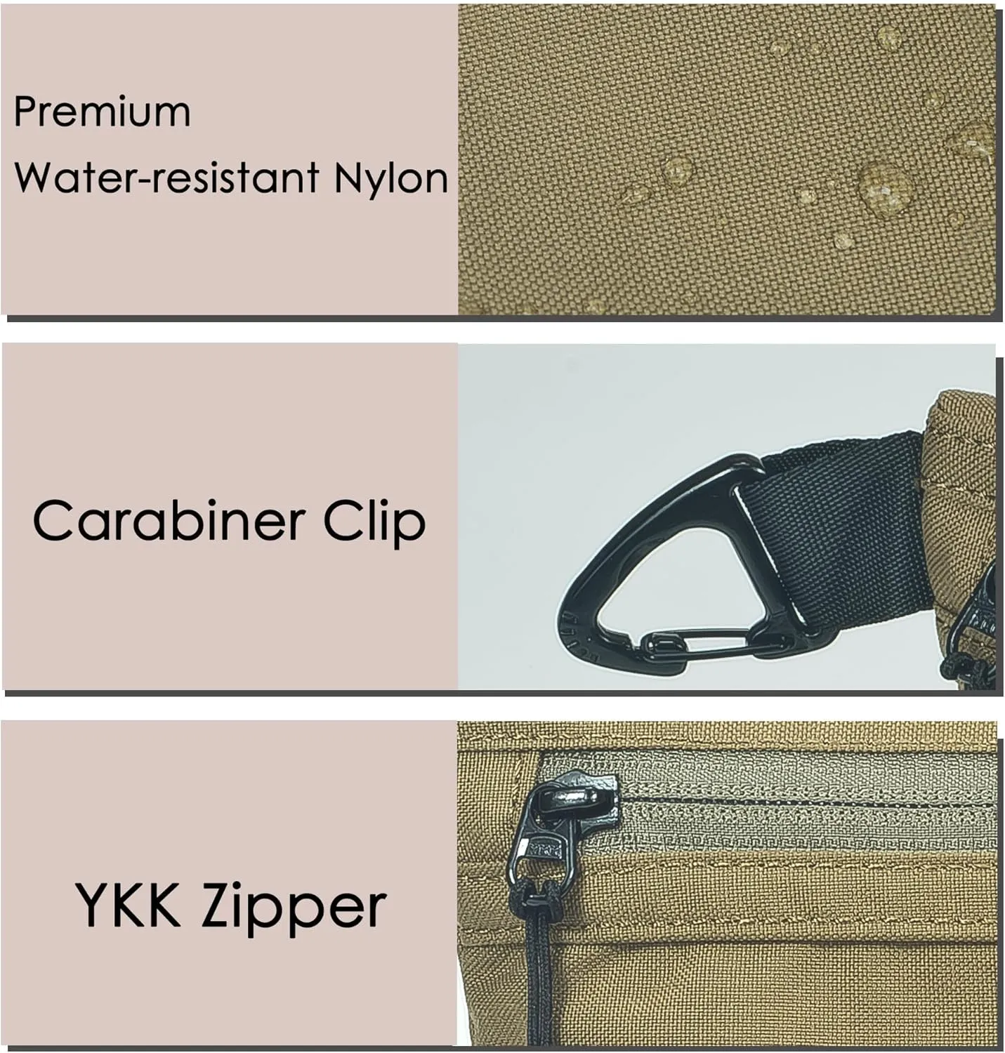 Water-Resistant Zipper Pouch with Carabiner Clip, Small Nylon Multipurpose Travel Digital Cosmetics Toiletry Bag Tool Storage Pouch, Khaki