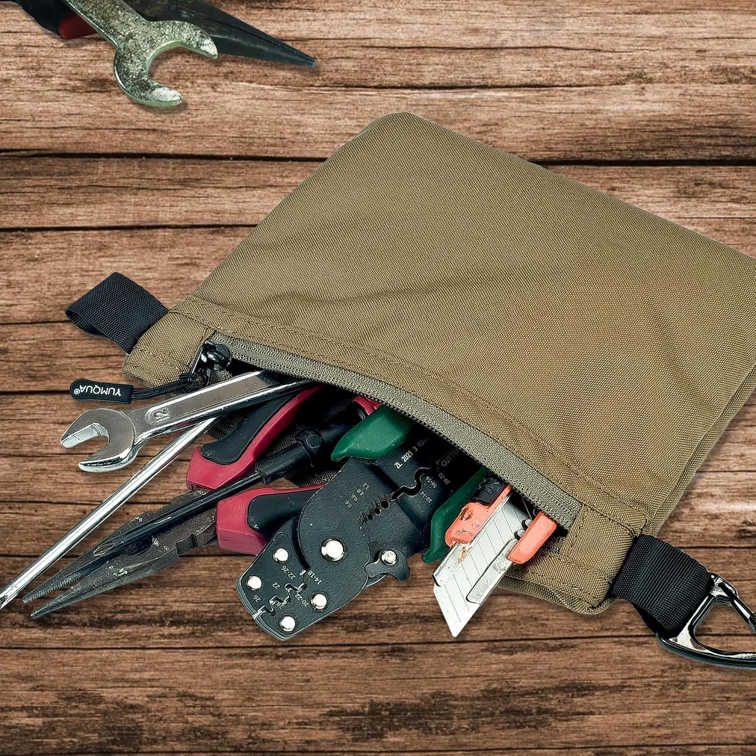 Water-Resistant Zipper Pouch with Carabiner Clip, Small Nylon Multipurpose Travel Digital Cosmetics Toiletry Bag Tool Storage Pouch, Khaki