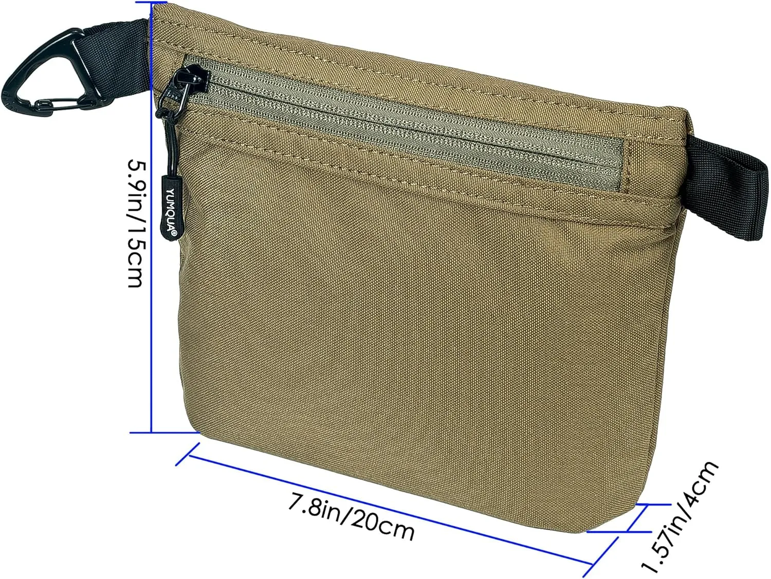 Water-Resistant Zipper Pouch with Carabiner Clip, Small Nylon Multipurpose Travel Digital Cosmetics Toiletry Bag Tool Storage Pouch, Khaki