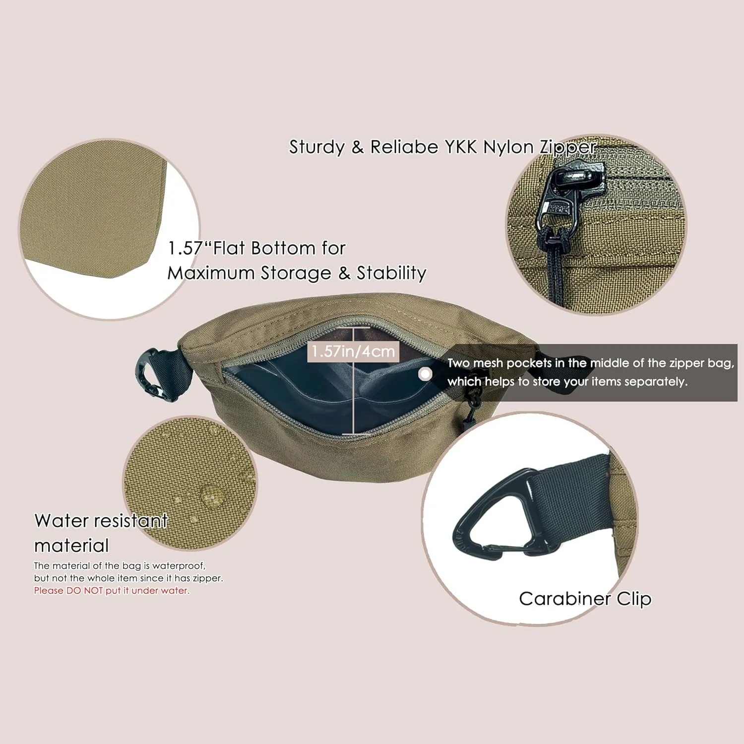 Water-Resistant Zipper Pouch with Carabiner Clip, Small Nylon Multipurpose Travel Digital Cosmetics Toiletry Bag Tool Storage Pouch, Khaki